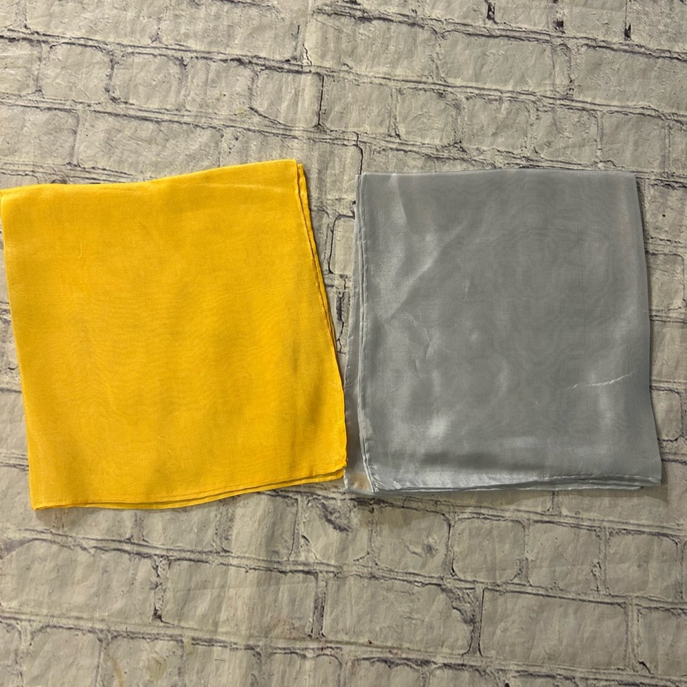 LOT OF (2) HAND ROLLED SILK SCARVES VANETTE CREATIONS YELLOW & GREY
